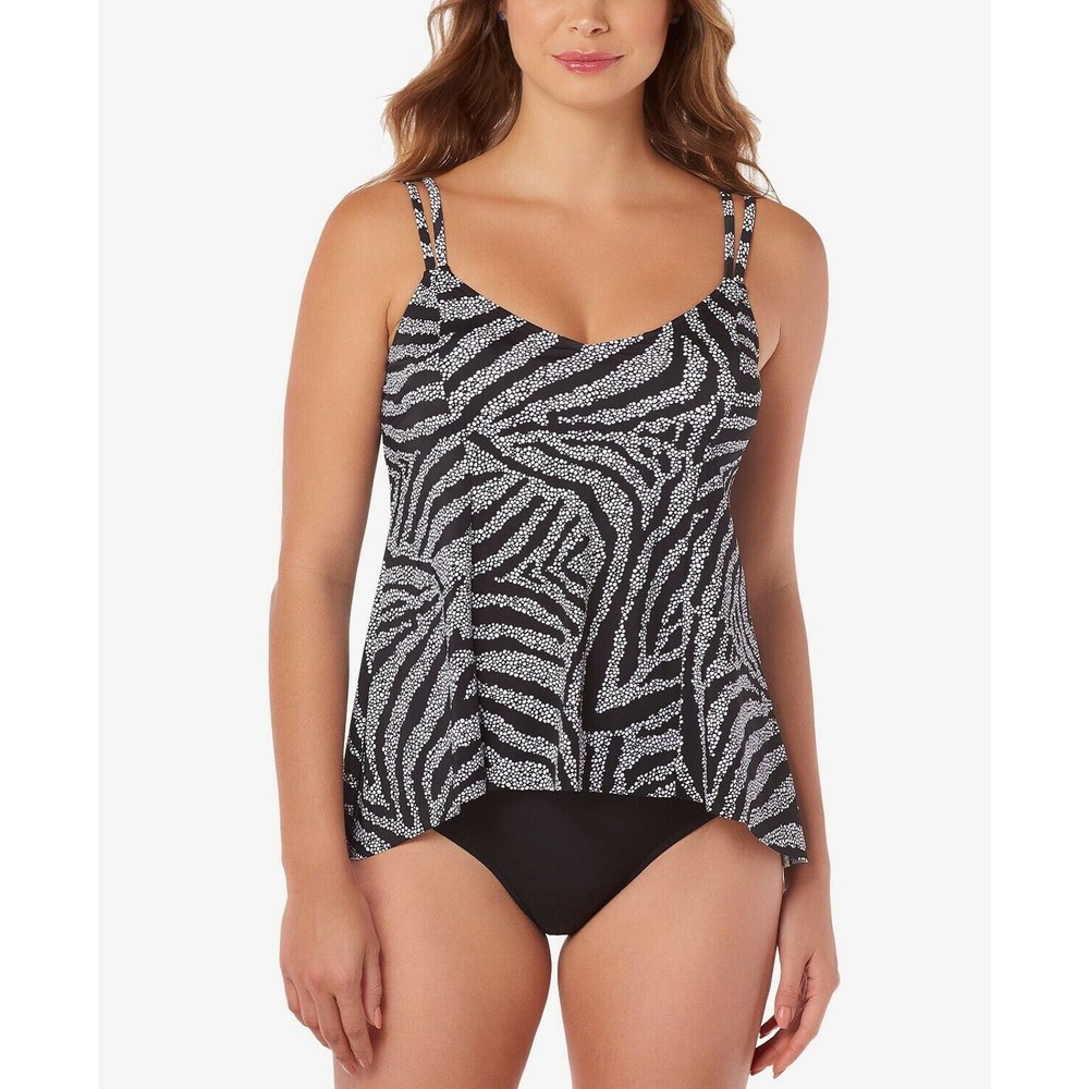 Swim Solutions black big wave print tankini top size 8